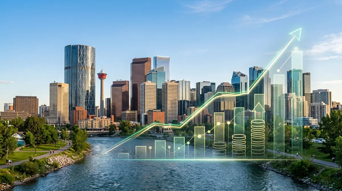 Calgary skyline with a graphical overlay showing positive financial growth and equity building