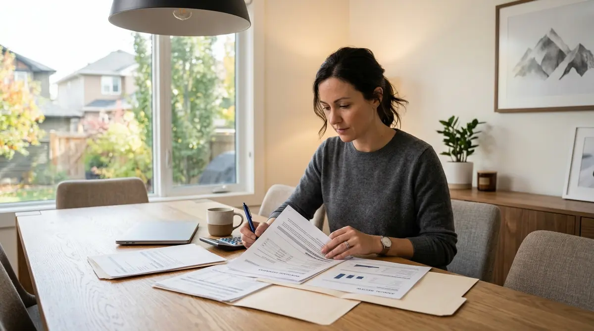 Calgary homeowner reviewing financial documents and mortgage statements at a dining table