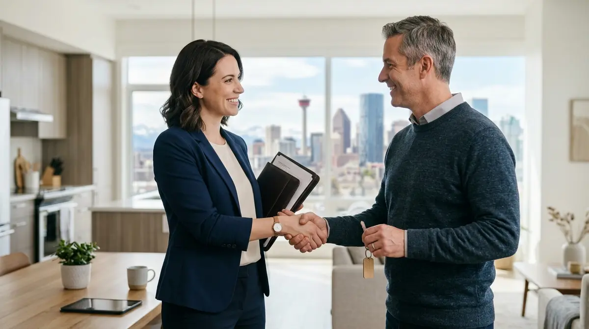 Real estate agent and Calgary homeowner shaking hands after successfully negotiating a property sale