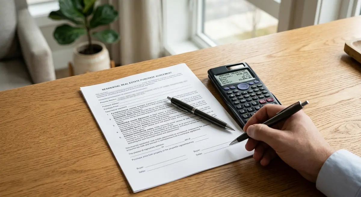 Close up of a real estate contract with a pen and a calculator showing mortgage calculations