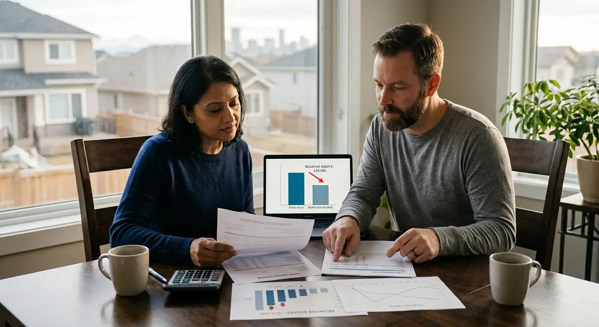A Calgary homeowner reviewing mortgage documents and financial charts showing negative equity calculations