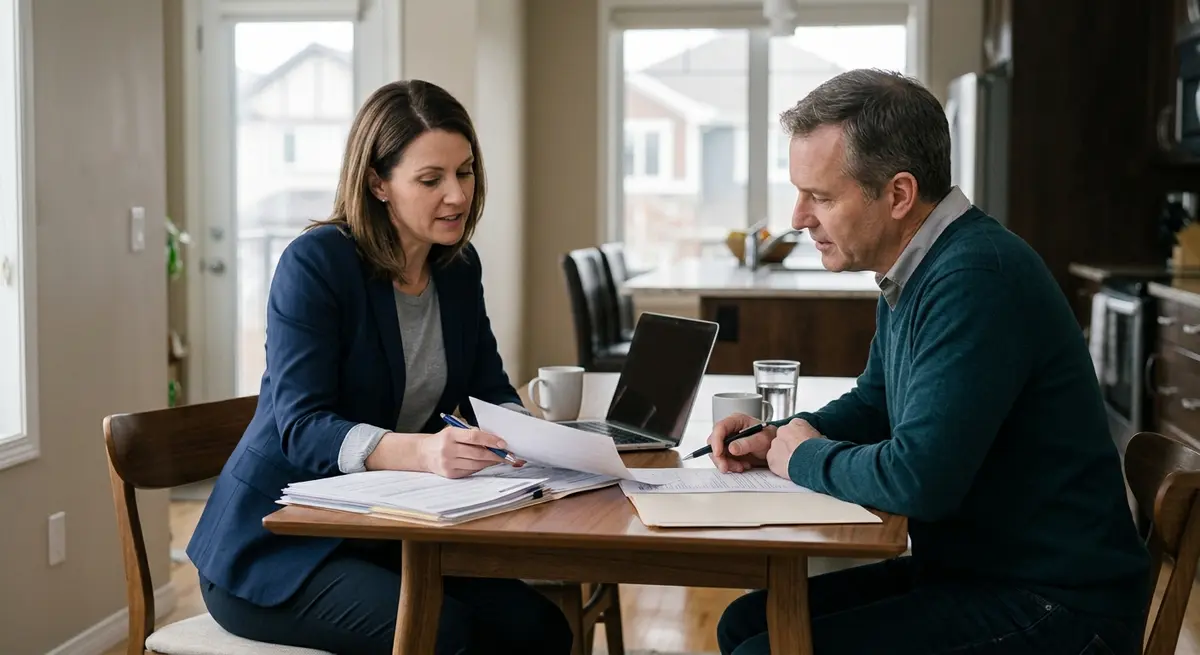 Real estate agent and Calgary homeowner discussing short sale paperwork at a dining room table