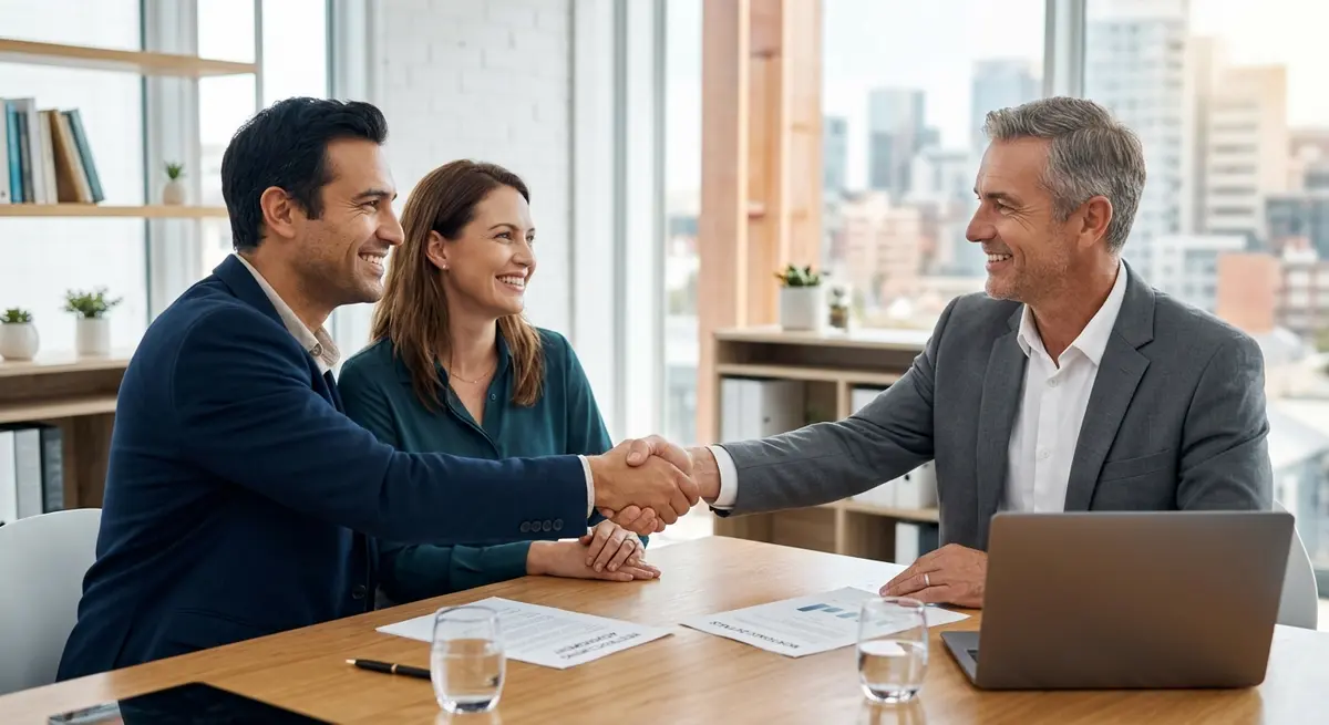 A couple shaking hands with a financial advisor after successfully restructuring their underwater mortgage