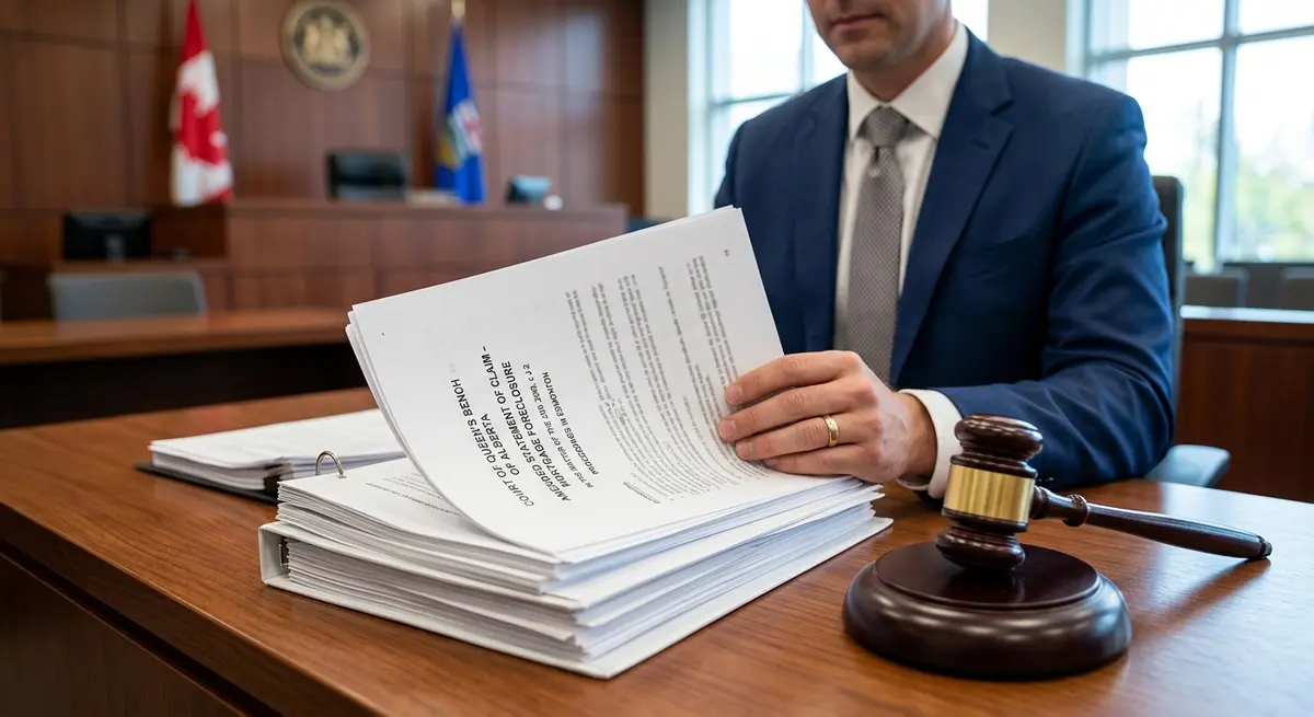 Legal documents and a gavel representing the Alberta foreclosure legal framework and court processes