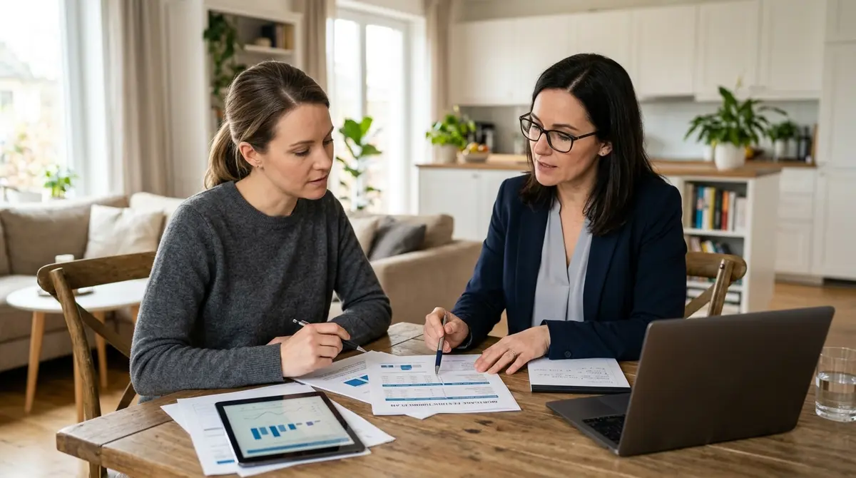 Homeowner reviewing financial documents and mortgage restructuring plans with a financial advisor