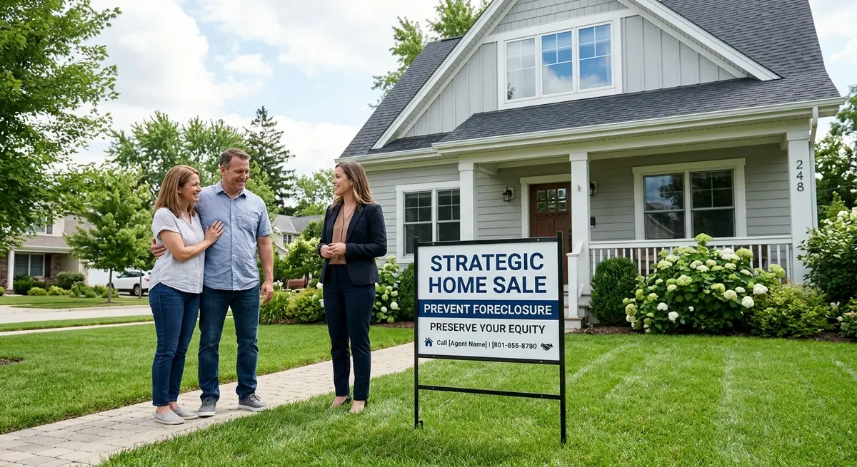 Real estate sign indicating a strategic home sale to prevent foreclosure and preserve equity