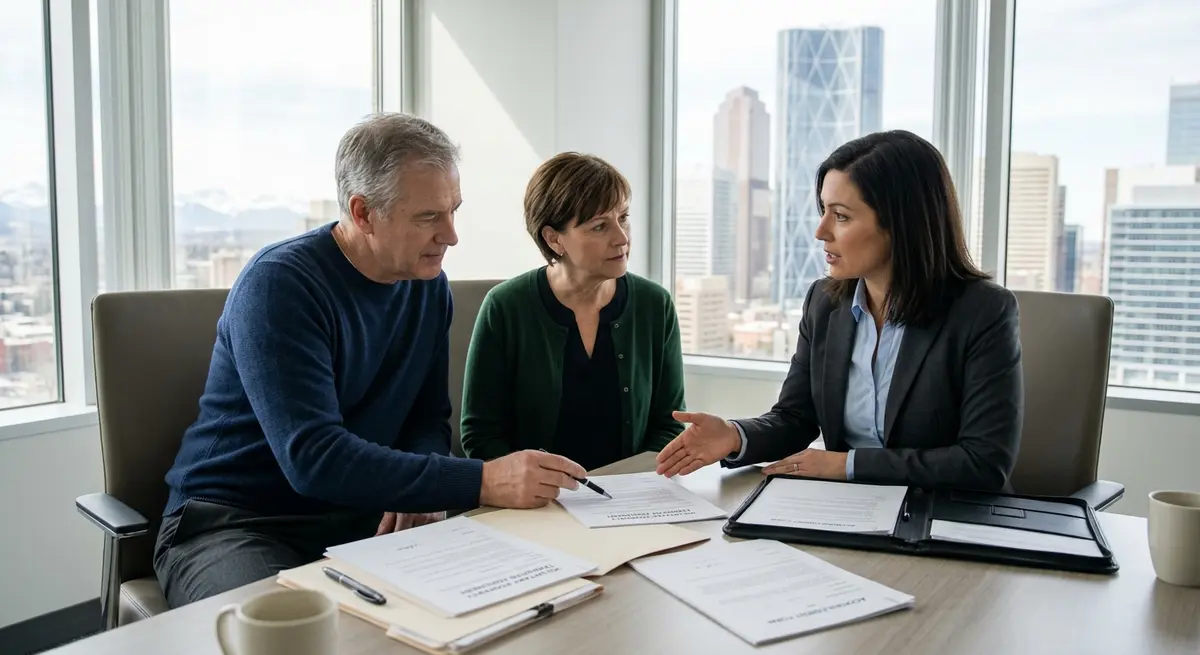 Calgary homeowner reviewing voluntary property transfer documents with a legal advisor