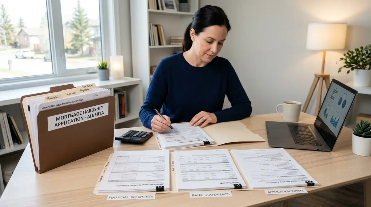 Organized financial documents and bank statements required for a mortgage hardship application in Alberta