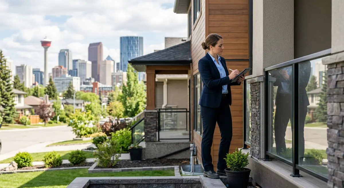 Real estate professional inspecting a Calgary property prior to a title transfer agreement