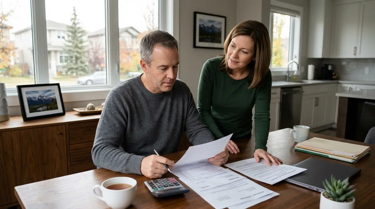 A Calgary homeowner reviewing mortgage forbearance documents and financial statements at a dining table