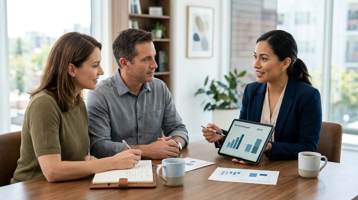 A financial advisor explaining alternative mortgage financing options and HELOCs to a client