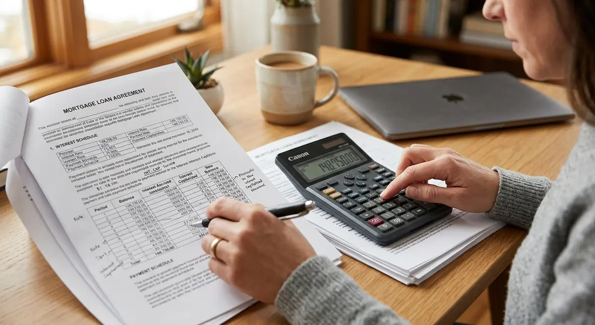 A close-up of a person calculating mortgage interest capitalization on a calculator next to loan documents