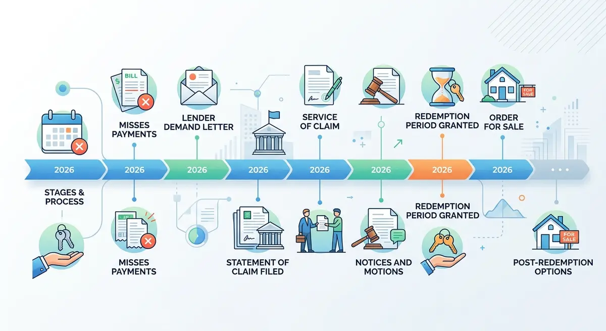 A detailed timeline infographic showing the 2026 Alberta foreclosure process from missed payments to the redemption period