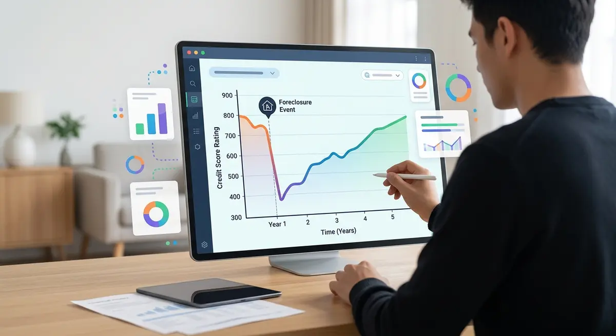 Graph illustrating the severe impact of a foreclosure on a Canadian credit score over a six-year period