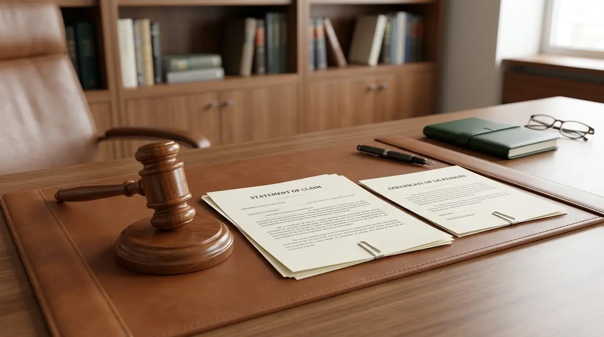 Legal documents including a Statement of Claim and a Certificate of Lis Pendens resting on a desk with a gavel