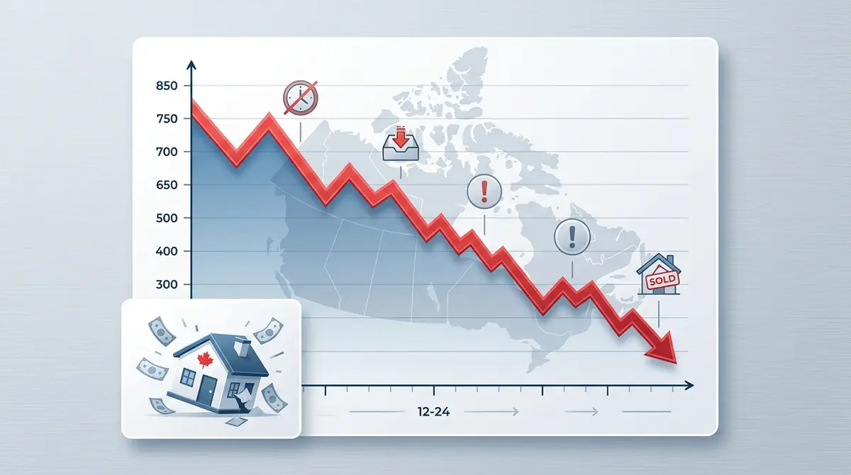 Graph showing the steep decline of a Canadian credit score during the foreclosure process