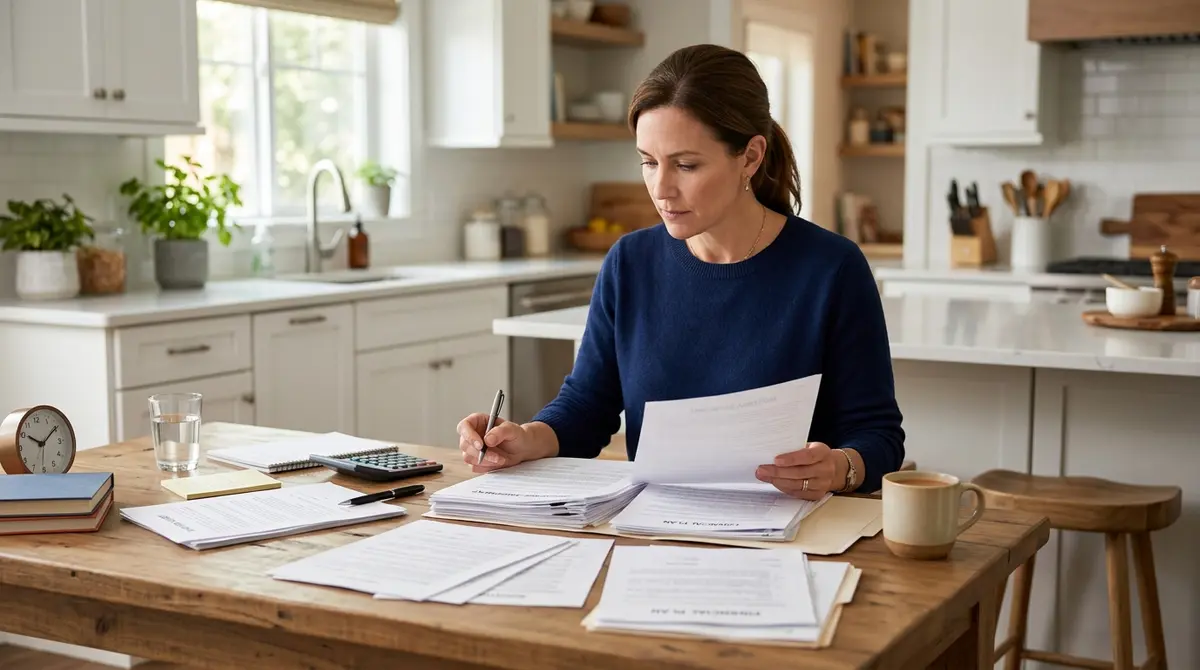 A homeowner reviewing complex legal and financial documents at a kitchen table
