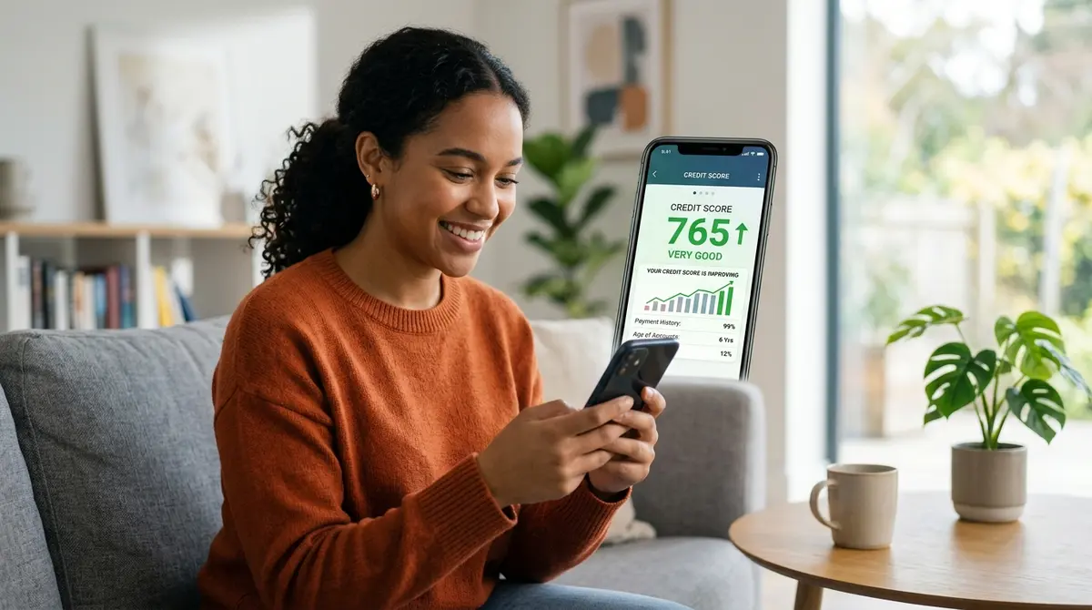 A person checking their improving credit score on a smartphone app