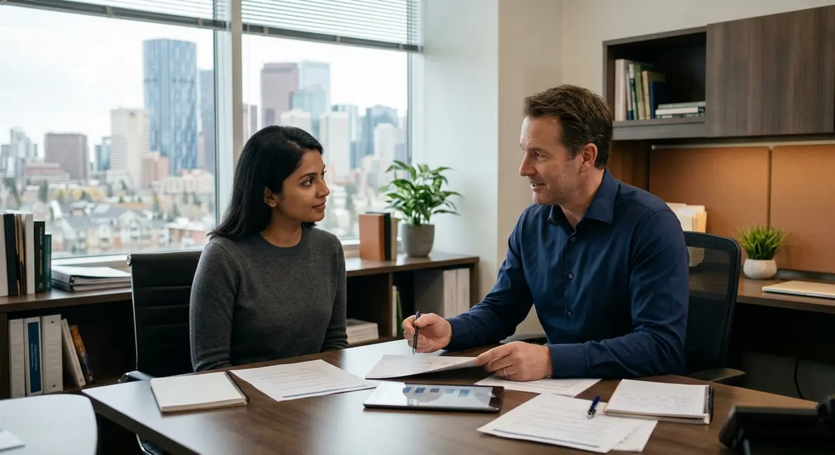 Calgary homeowner consulting with a mortgage broker to stop a power of sale