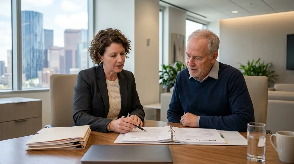 A legal professional reviewing foreclosure documents with a Calgary homeowner in a modern office setting.