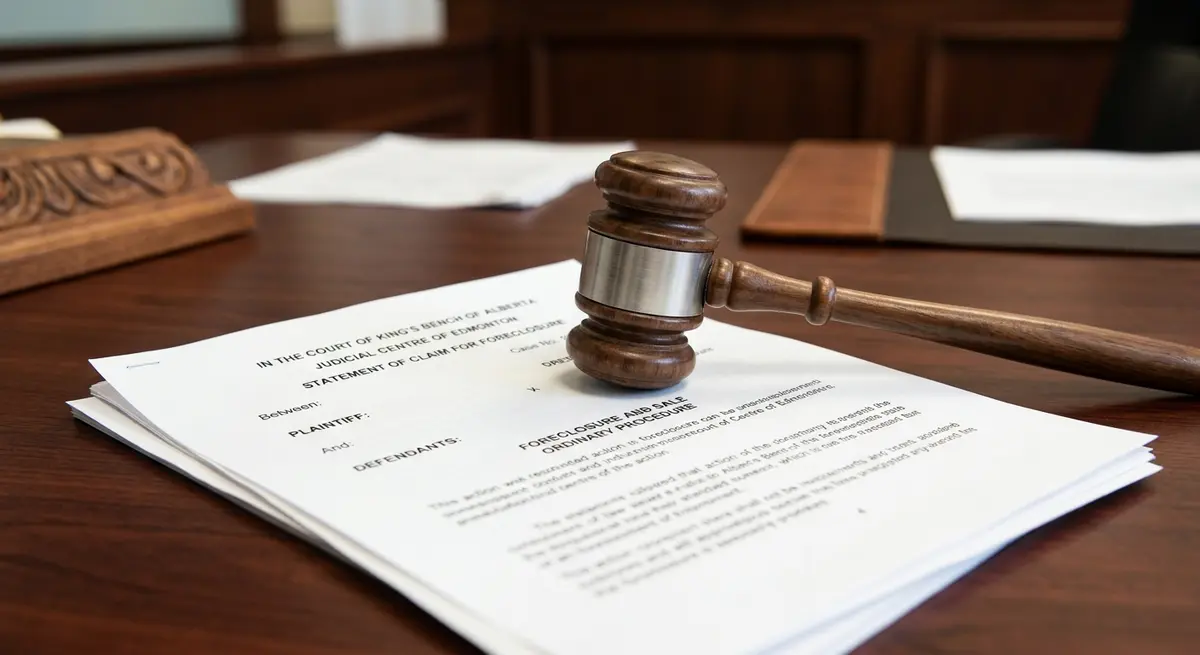 A close-up of a gavel resting on Alberta Court of King's Bench foreclosure documents.