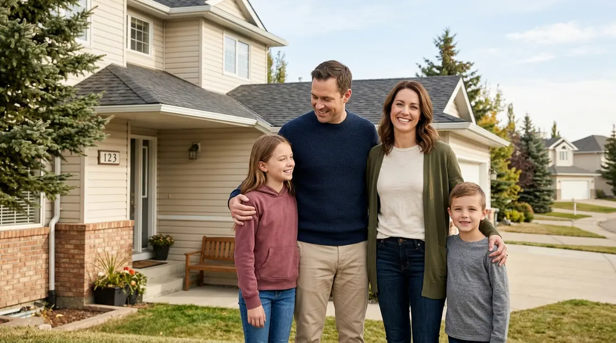 A relieved Calgary family standing outside their home after successfully stopping foreclosure proceedings.