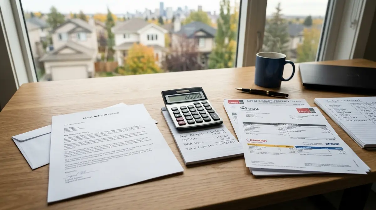 A legal demand letter sitting on a desk next to a calculator and a Calgary homeowner's financial documents
