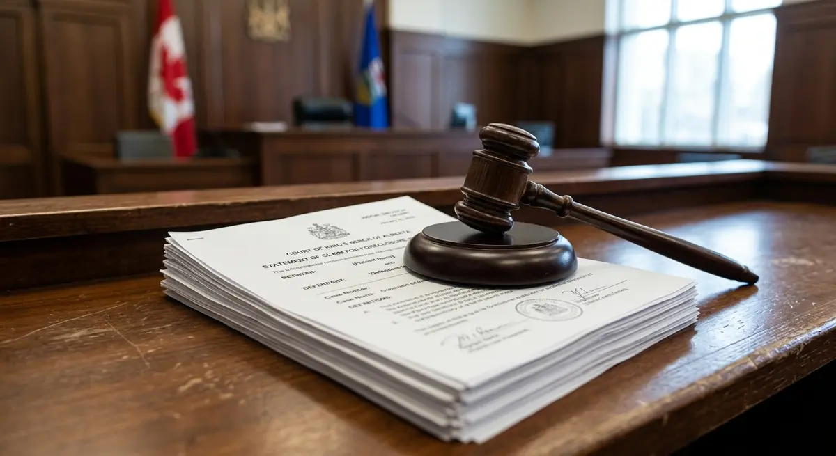 A judge's gavel resting on Alberta Court of King's Bench foreclosure documents