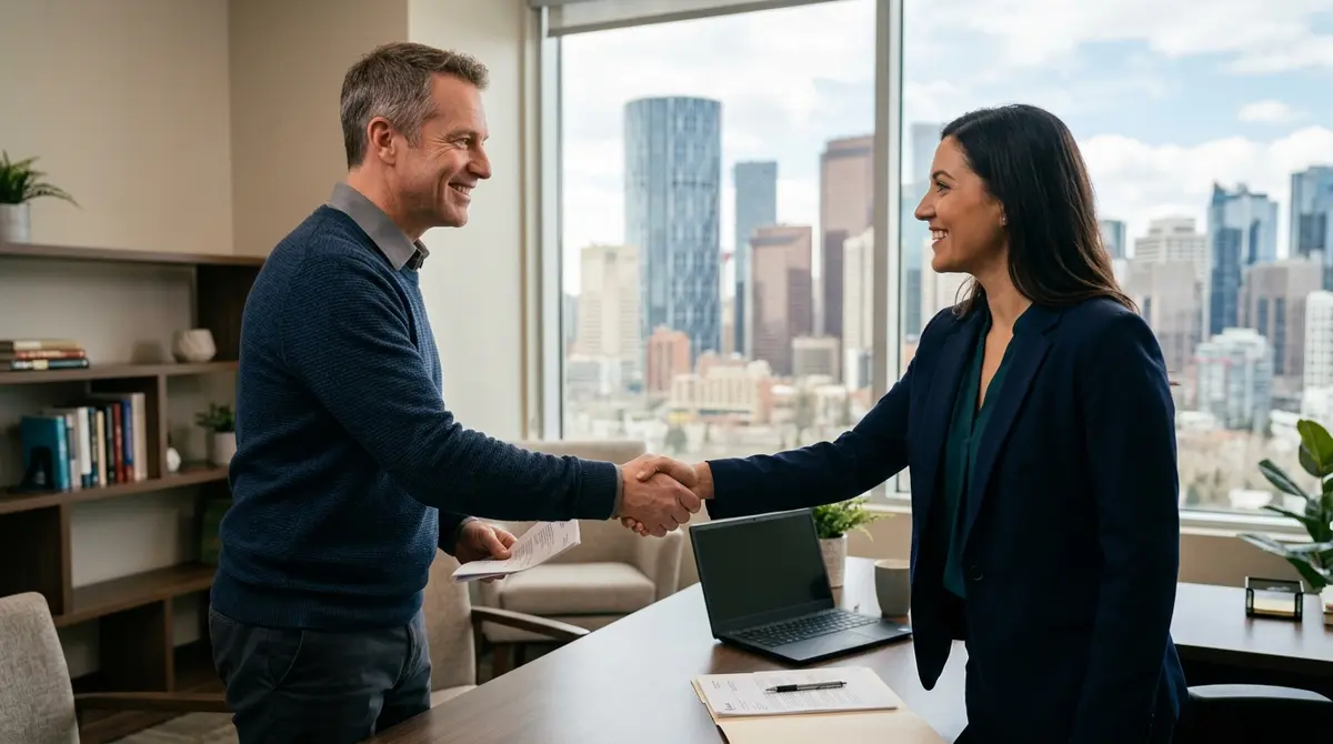 A Calgary homeowner shaking hands with a financial advisor after successfully stopping a foreclosure