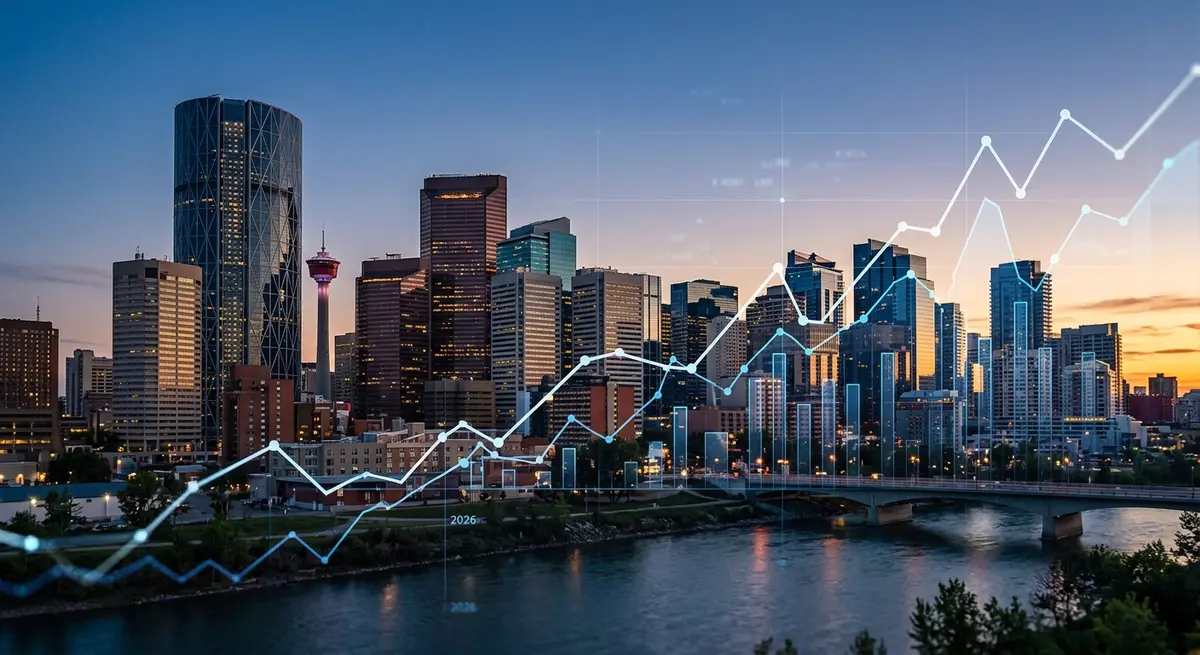 Calgary skyline with financial charts overlay showing mortgage interest rate trends in 2026