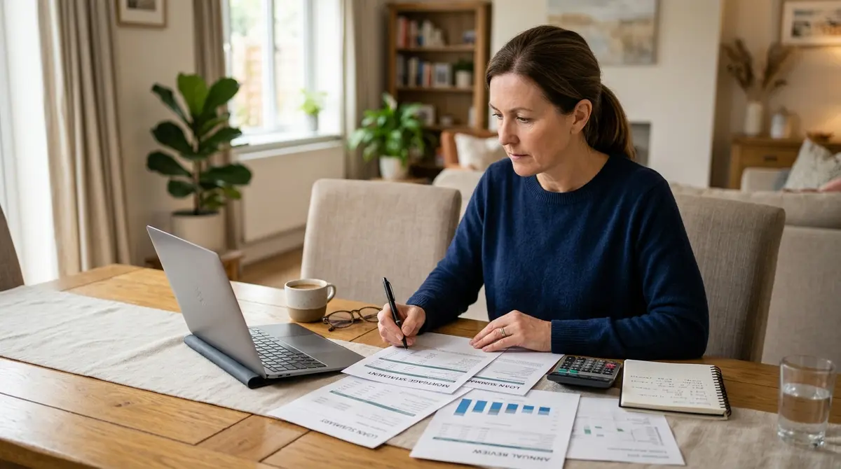 Homeowner reviewing financial documents and mortgage statements at a dining table