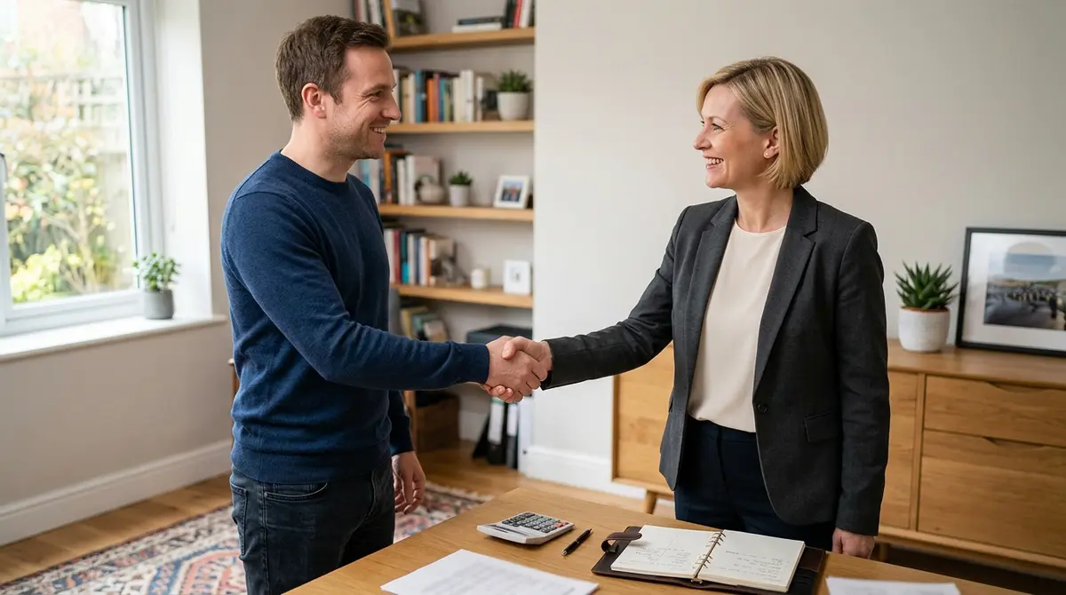 Handshake between a homeowner and a financial advisor after successfully negotiating a mortgage repayment plan