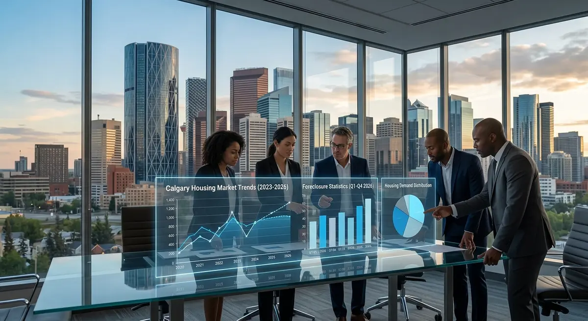 Calgary skyline with a financial chart showing 2026 housing market trends and foreclosure statistics