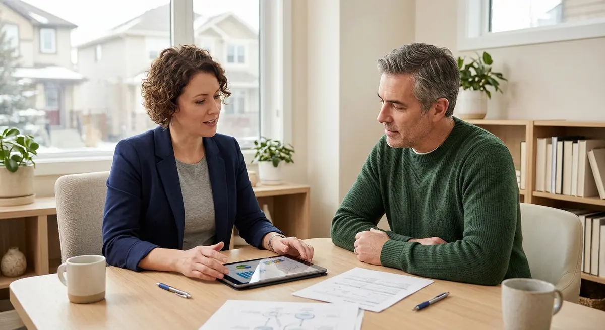 A financial counselor discussing mortgage restructuring and second mortgage options with a Calgary homeowner