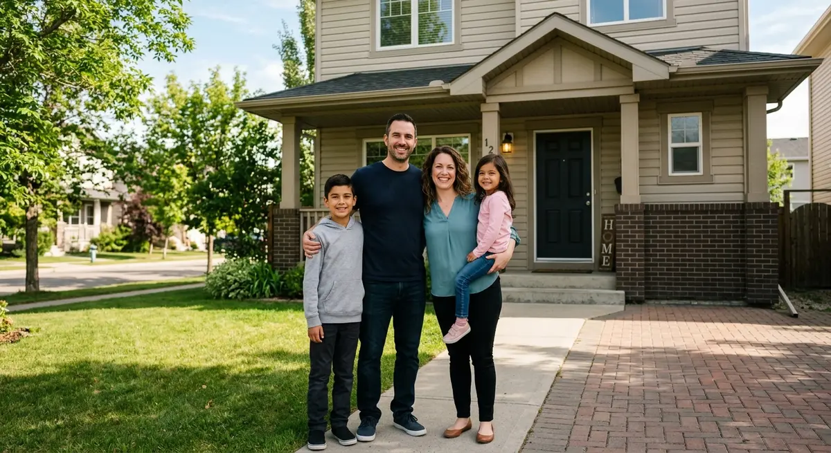 A relieved Calgary family standing in front of their home after successfully stopping foreclosure proceedings