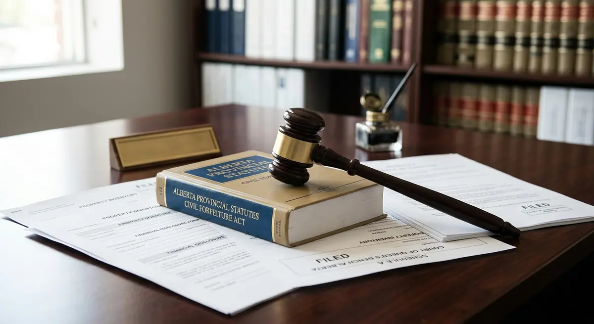 Legal gavel resting on Alberta provincial property forfeiture statutes and financial documents