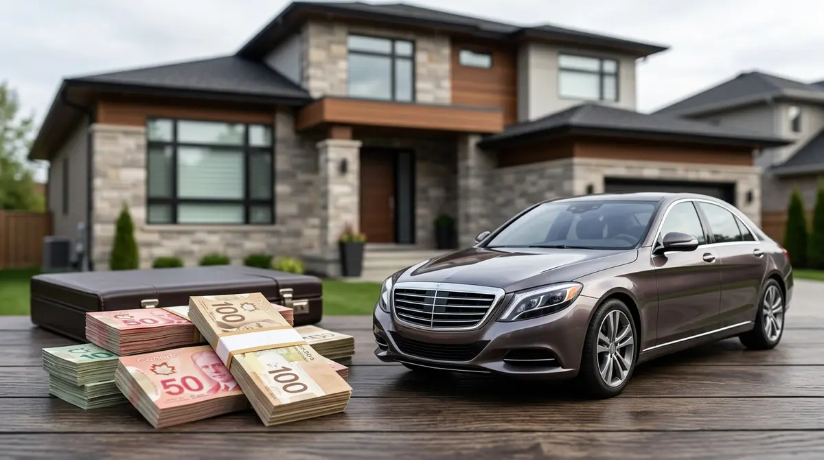 Various assets including a residential home, luxury vehicle, and stacks of Canadian currency subject to forfeiture