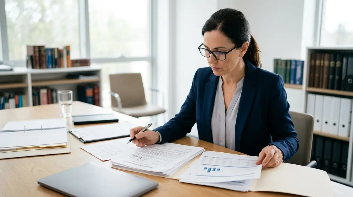 Legal professional reviewing financial documentation and property title records to defend against civil forfeiture