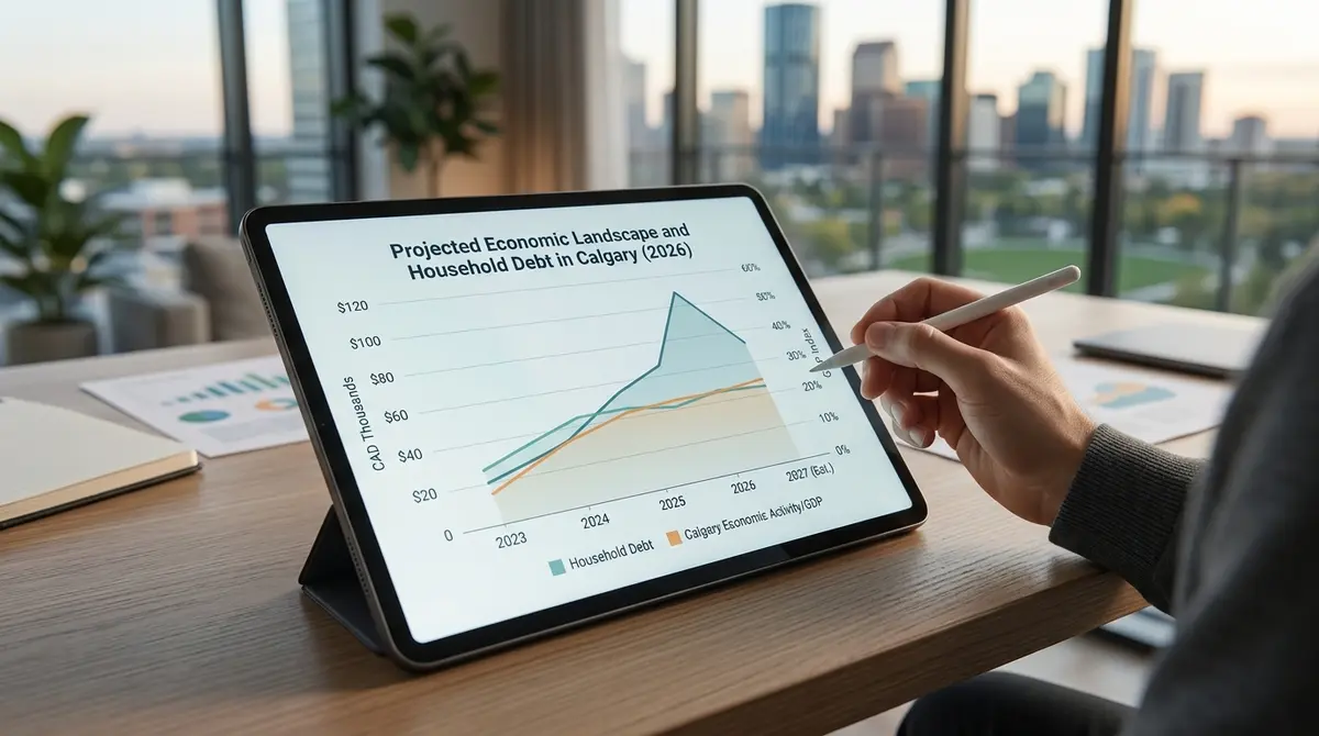 A graph showing the 2026 economic landscape and rising household debt in Calgary