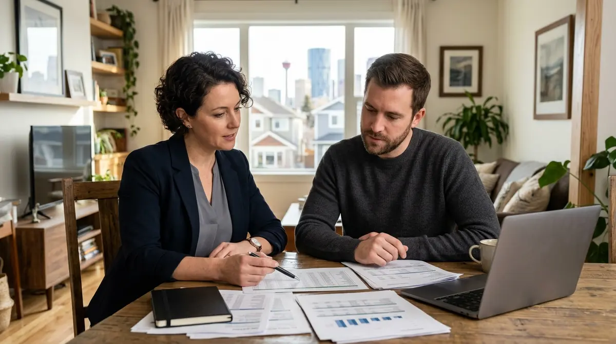 A licensed insolvency trustee reviewing financial documents with a Calgary homeowner
