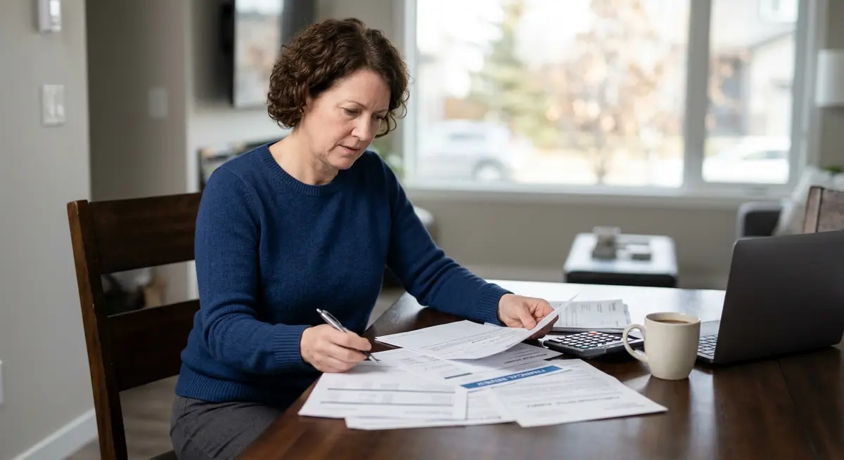 Calgary homeowner reviewing financial documents and foreclosure notices at a dining table