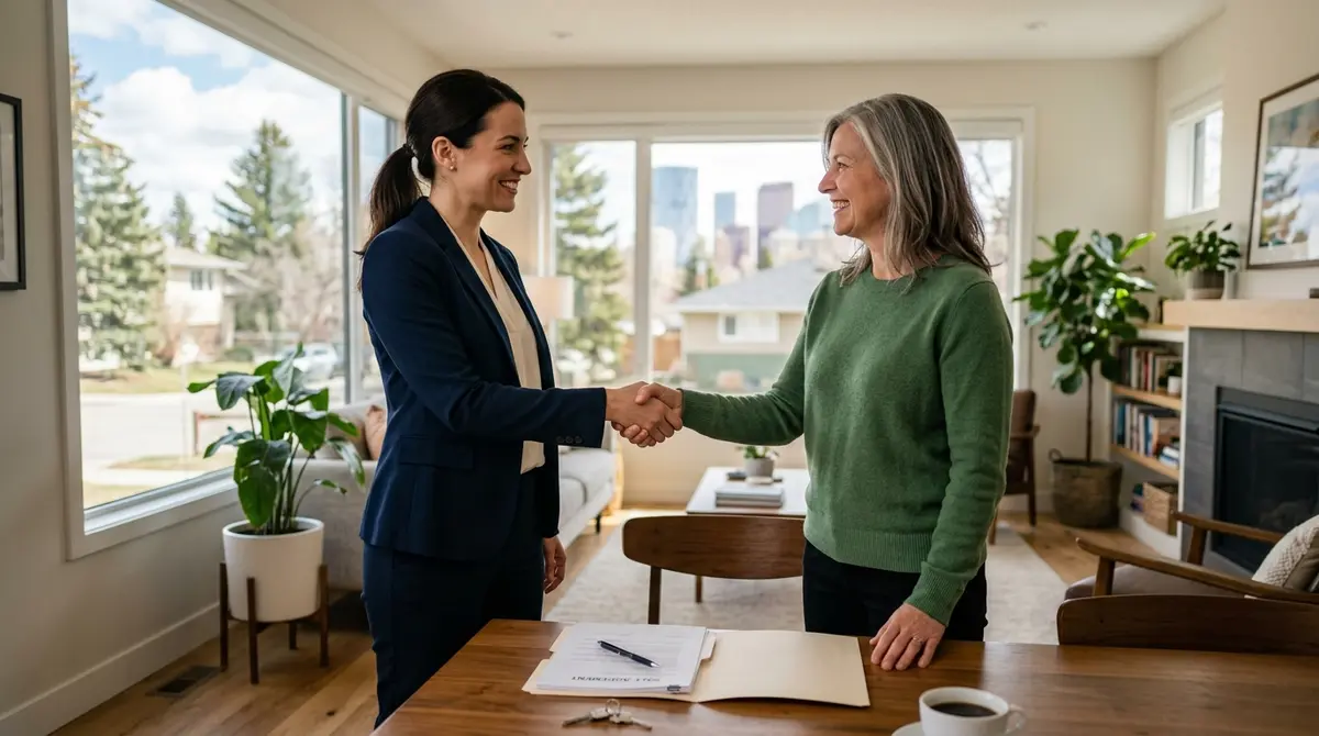 Real estate agent and Calgary homeowner shaking hands after successfully signing a pre-foreclosure property sale agreement