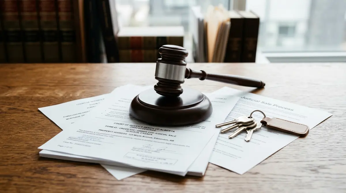 Gavel resting on legal foreclosure documents next to a set of house keys, symbolizing the judicial sale process in Alberta