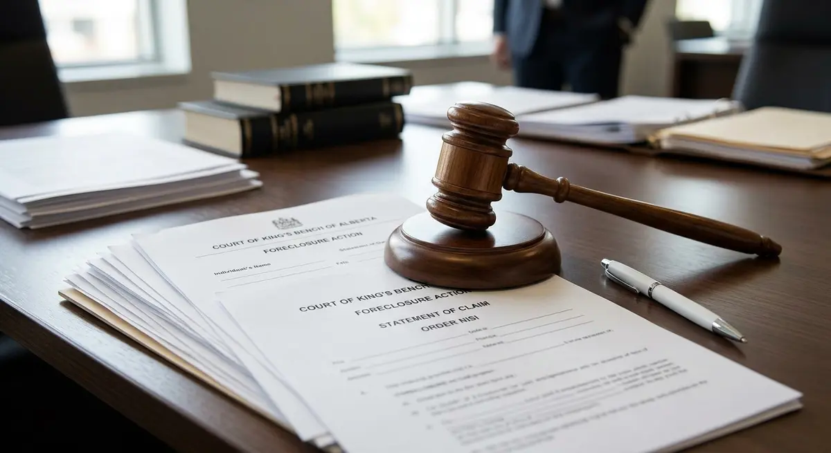 Legal documents and a gavel representing the Alberta court-supervised foreclosure process