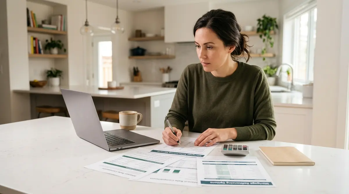 A homeowner reviewing financial documents and mortgage refinancing options at a kitchen table