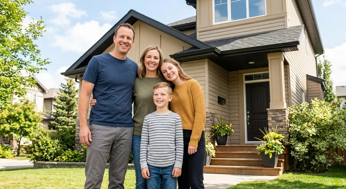 A family standing happily in front of their Calgary home after successfully stopping foreclosure proceedings