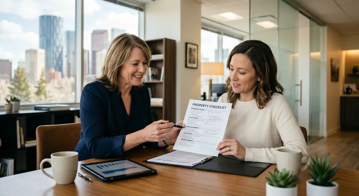 A buyer reviewing a Calgary foreclosure property document checklist with a real estate agent