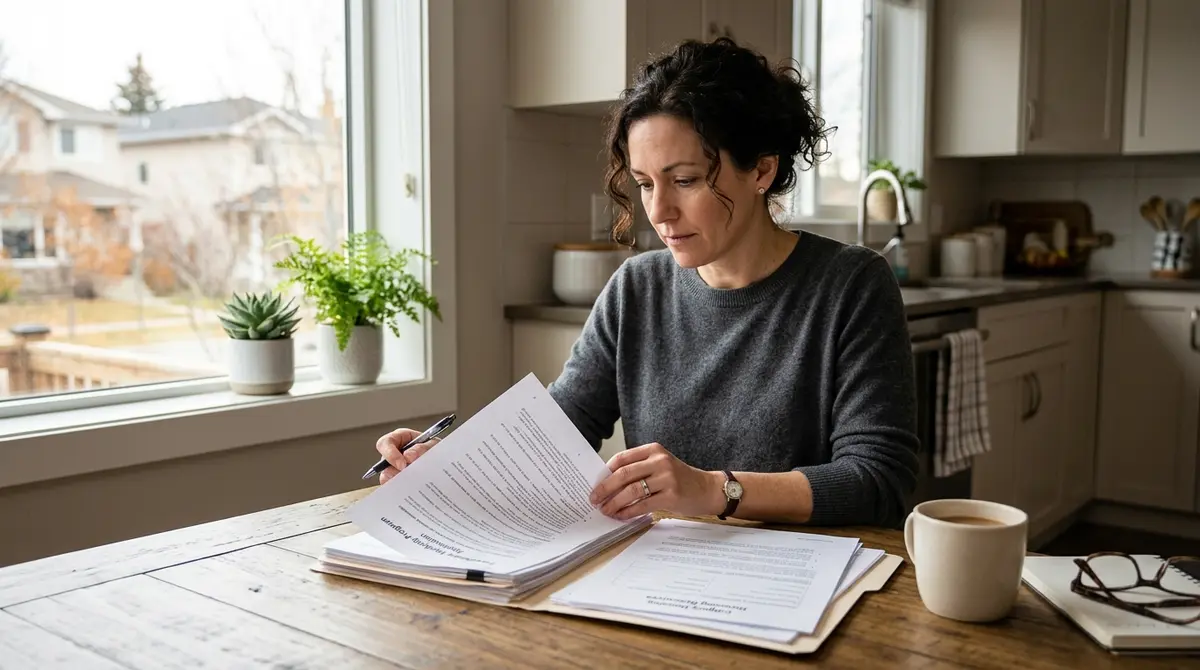A Calgary homeowner reviewing foreclosure hardship program documents at a kitchen table
