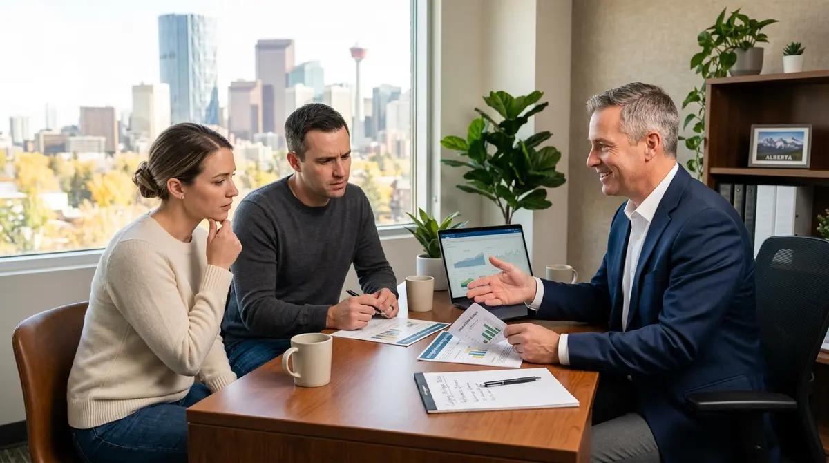 A financial advisor explaining mortgage refinancing options to a stressed Calgary couple
