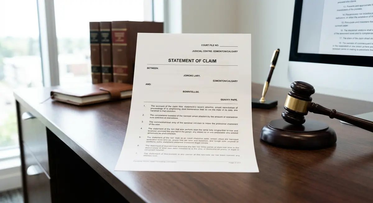 A legal document titled Statement of Claim sitting on a desk next to a wooden gavel, representing the start of the Alberta foreclosure court process